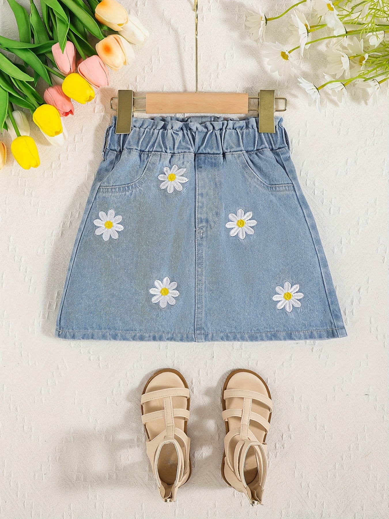 Girls Daisy Pattern Elastic Waist Denim Skirt