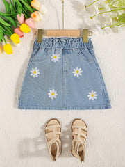 Girls Daisy Pattern Elastic Waist Denim Skirt