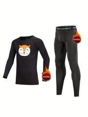 Kids Compression Fleece Sets - Cartoon Pattern Pullover & Elastic