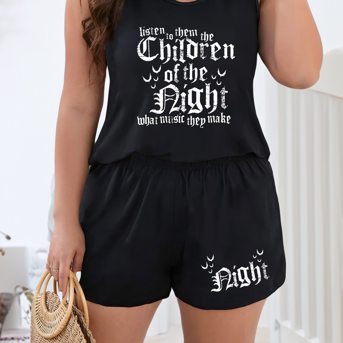 Halloween Bat & Letter Print Tank Top & Shorts Set
