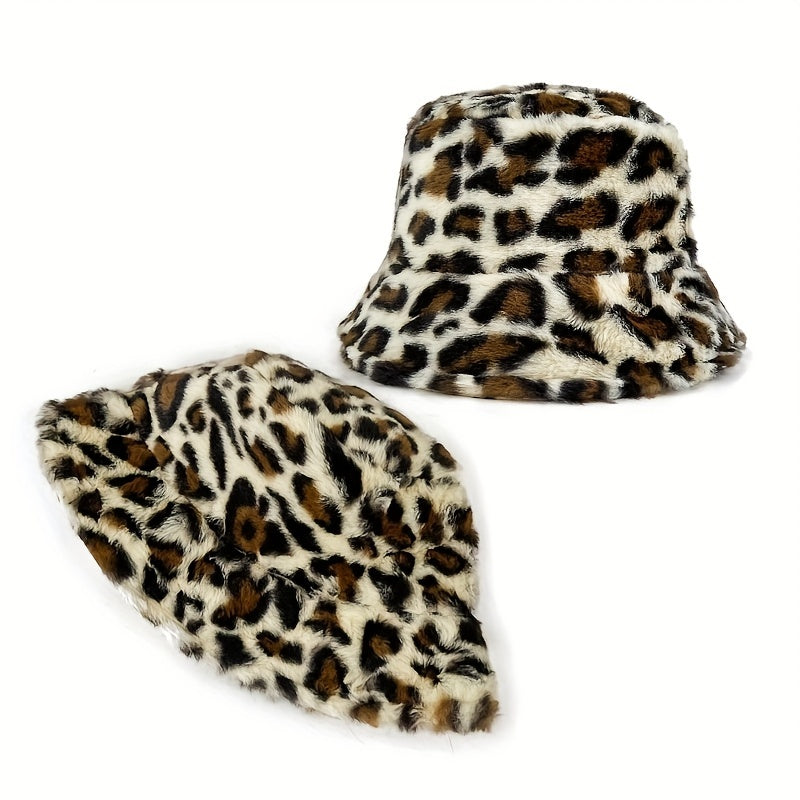 Leopard Print Faux Fur Bucket Hat Winter Warmer Cap