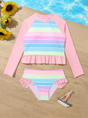 2pcs Rainbow Striped Tankini Swimsuit Long Sleeve Top Beach