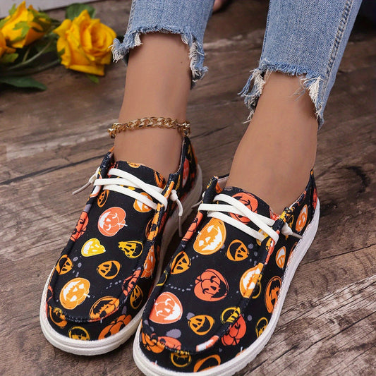 Women's Pumpkin Print Slip On Low Round Toe Canvas Shoes