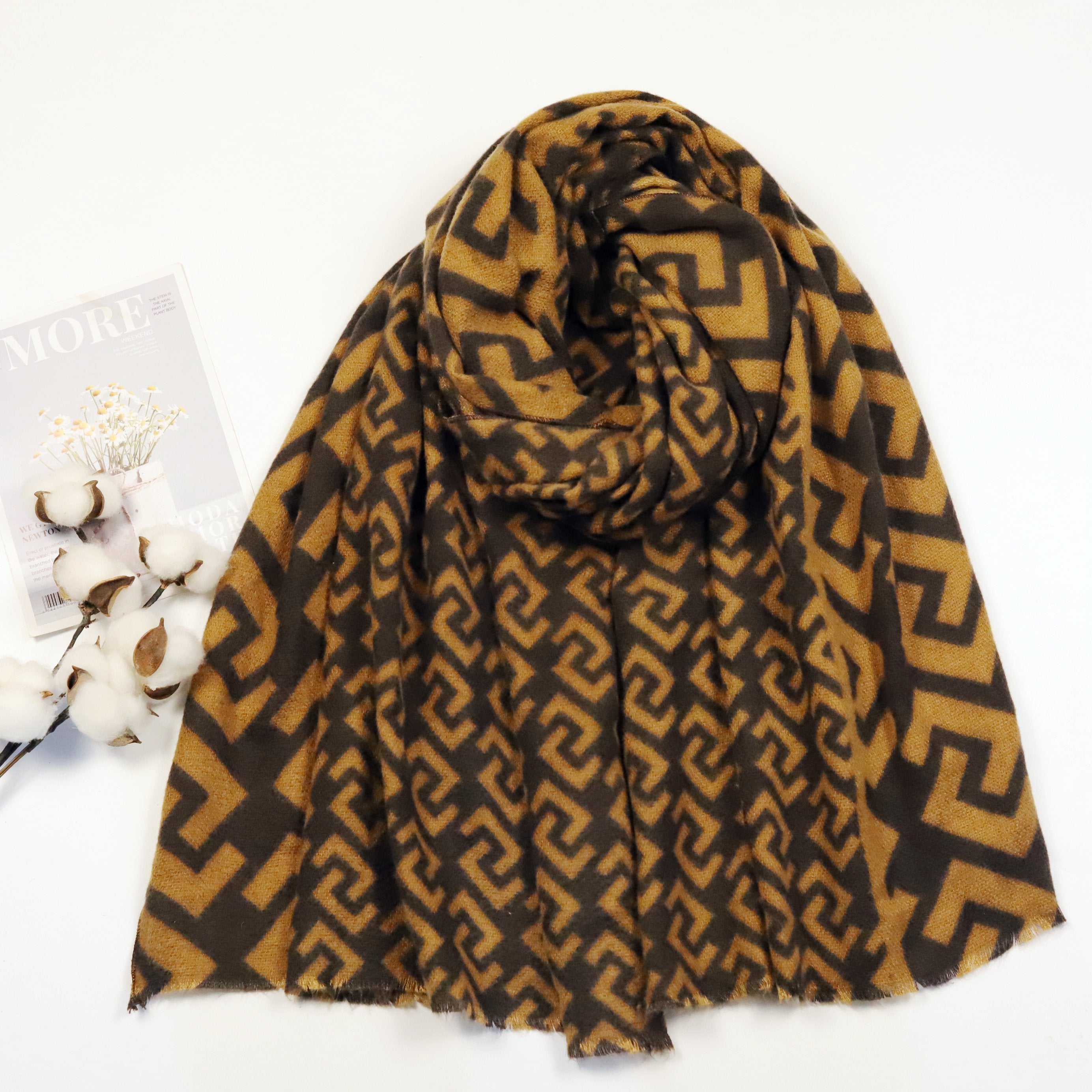 Dark Vintage Plaid Scarf Brown Geometric Print Warm Shawl