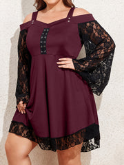 Plus Size Gothic Dress Women's Lace Cold Shoulder Bell Sleeve Lace Up