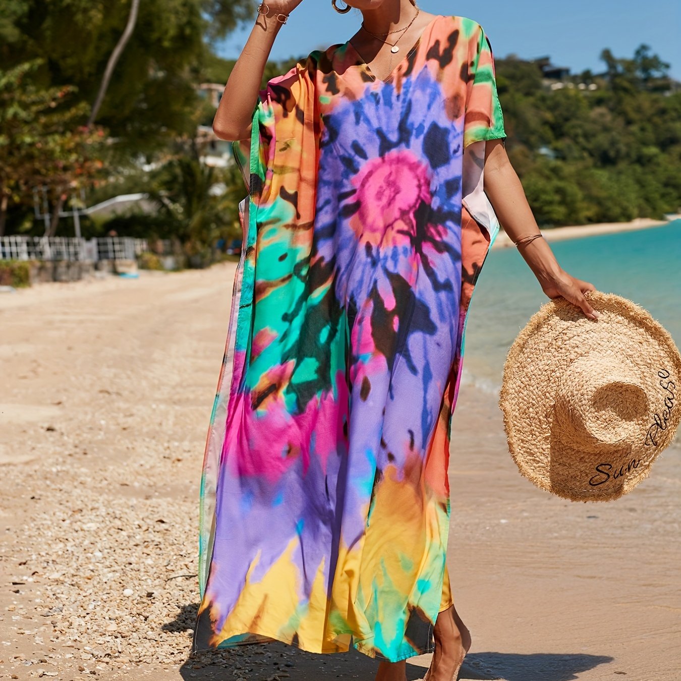 Tie Dye Bat Sleeve Cover Up Dress