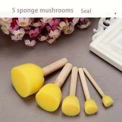 5pcs Round Painting Sponge Set with Wooden Handle - DIY Graffiti Stamp Tool