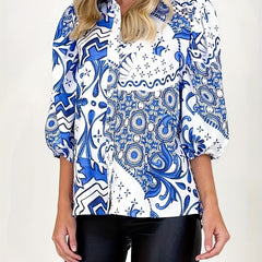 Plus Size Chinoiserie Print Long Sleeve Blouse