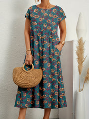 Casual Dress Solid Round Neck Cap Sleeve Midi Dress With Pockets
