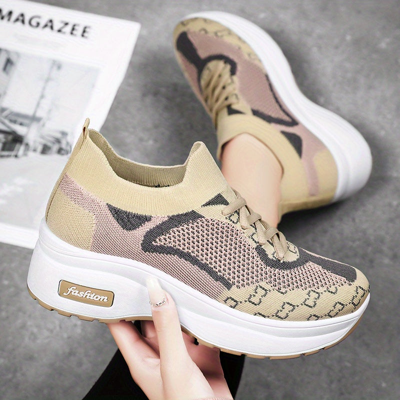 Colorblock Sock Sneakers Lace Up Low Round Toe Thick Bottom Shoes