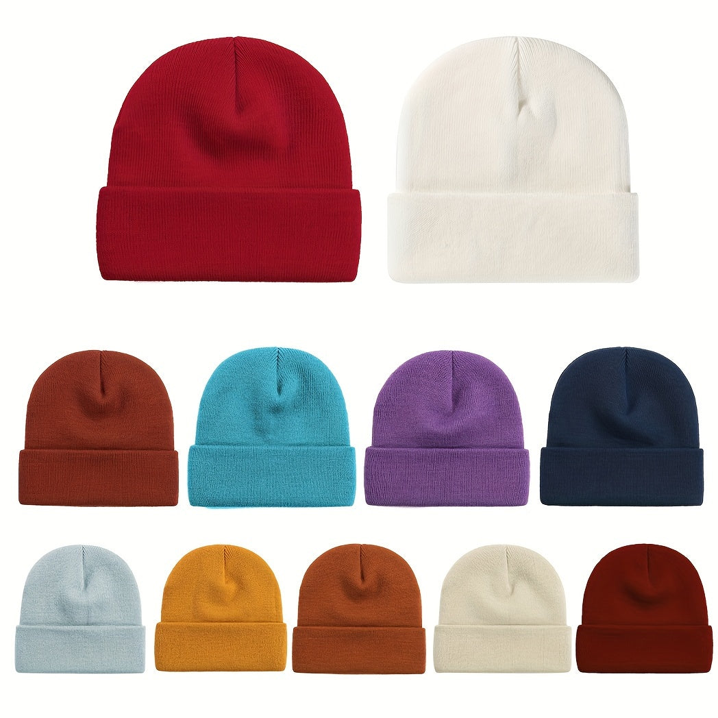 2pcs Acrylic Beanie Hat for Autumn/Winter Knitted Pullover Cap Candy Solid Cap