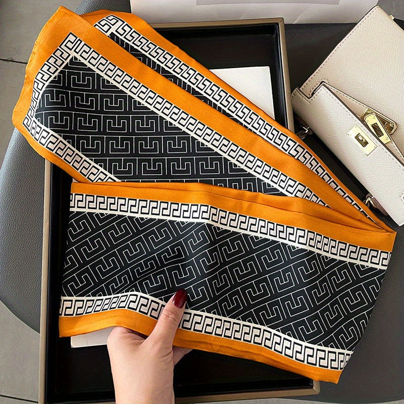 Geometric Print Skinny Silk Scarf Double Layer Neck Tie Ribbon