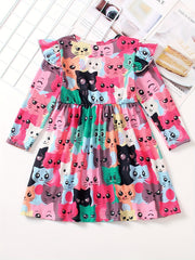 Girls Kitty Ruffle Long Sleeve Dress for Spring and Autumn
