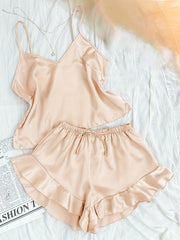 Satin Pajama Set V Neck Cami & Ruffle Shorts Sleepwear