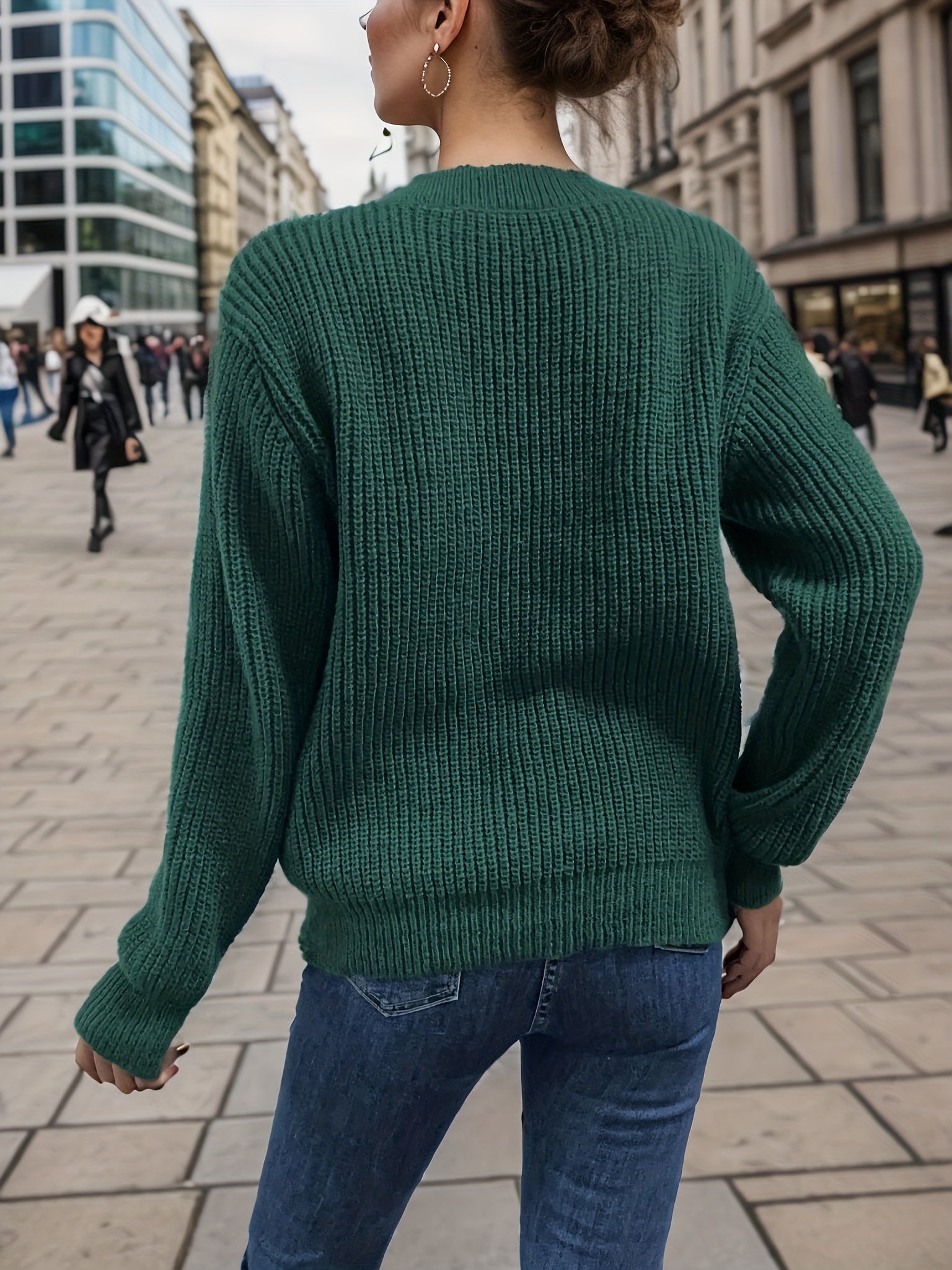 Solid Knit Long Sleeve Crew Neck Sweater for Women