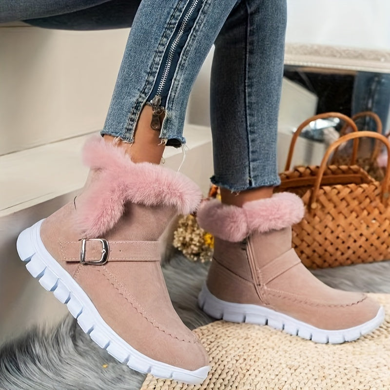 Women's Solid Snow Boots Side Zipper Round Toe Velvet Warm Fluffy Winter Shoes