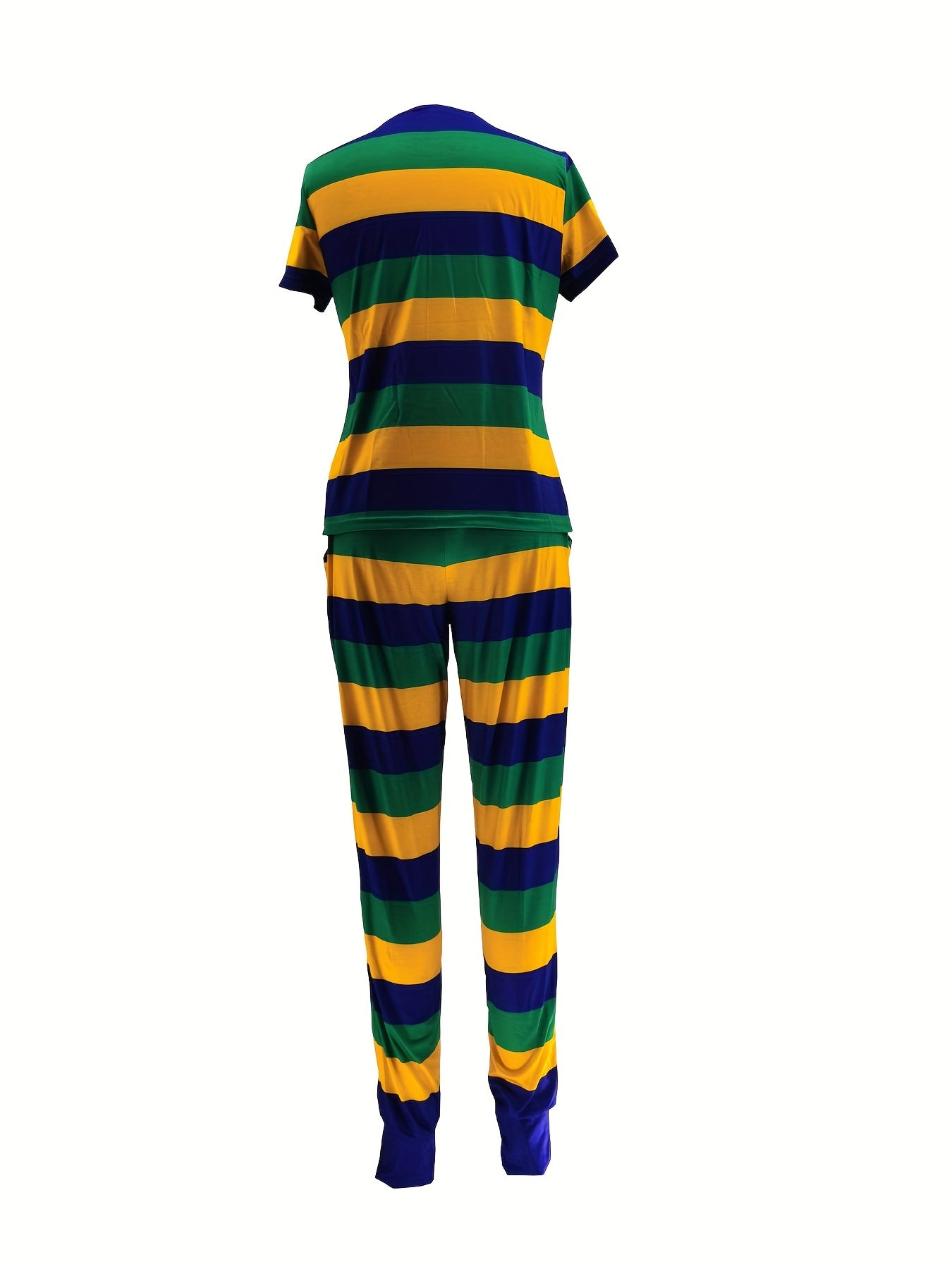 Stripe Print Two piece Set Crew Neck Short Sleeve Top & Drawstring Pants