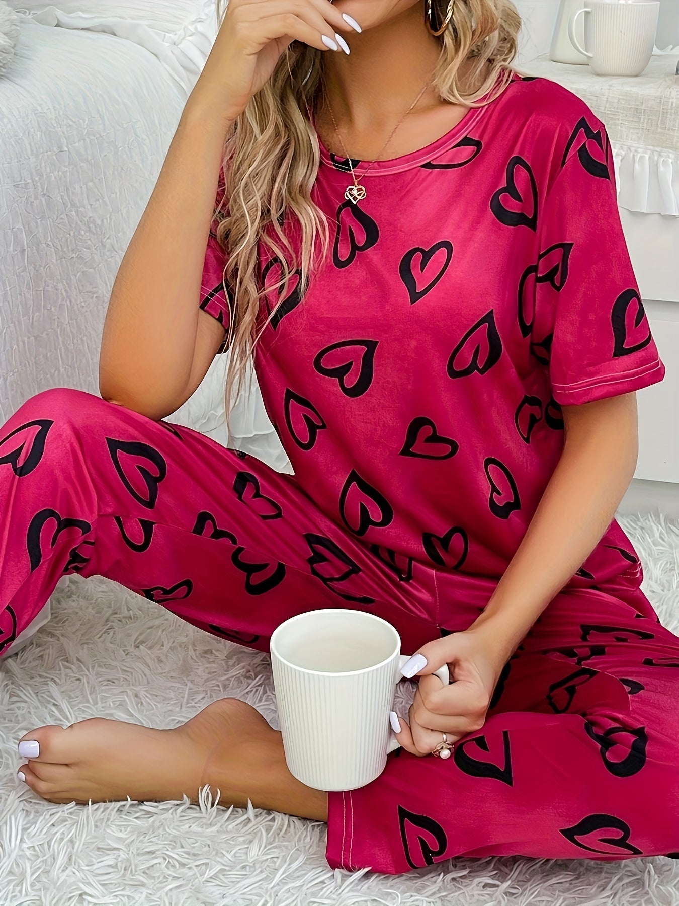 Heart Print Pajamas Sets Short Sleeve Tops & Pants Set Women's Sleepwear