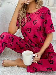 Heart Print Pajamas Sets Short Sleeve Tops & Pants Set Women's Sleepwear