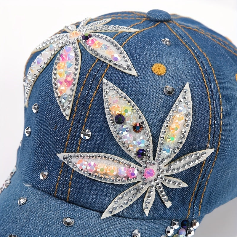 Rhinestone Leaf Patch Baseball Cap Denim Washed Sun Hats