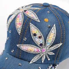 Rhinestone Leaf Patch Baseball Cap Denim Washed Sun Hats
