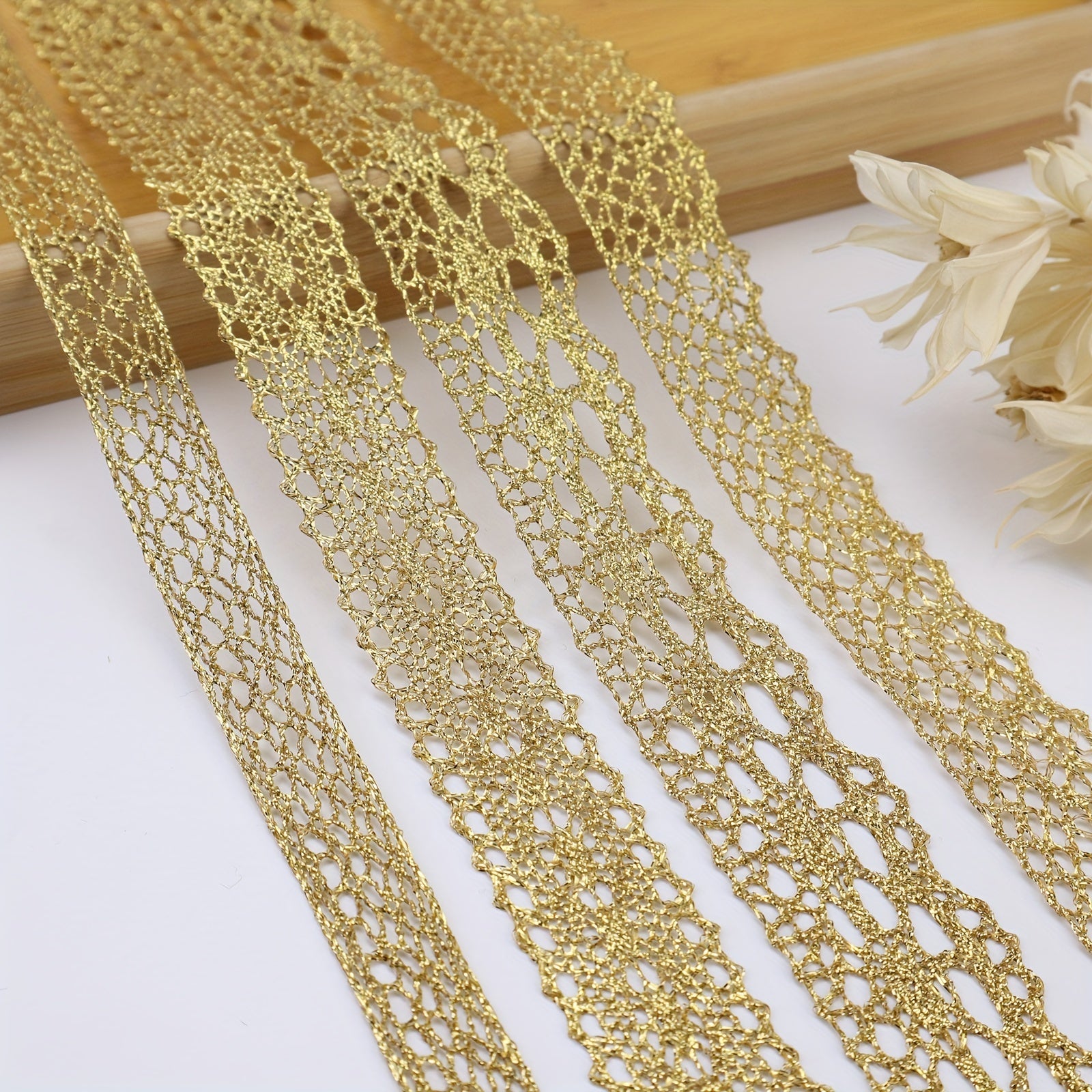 2 Yards Golden Lace Trim Crochet Lace Ribbon for Bridal Wedding D
