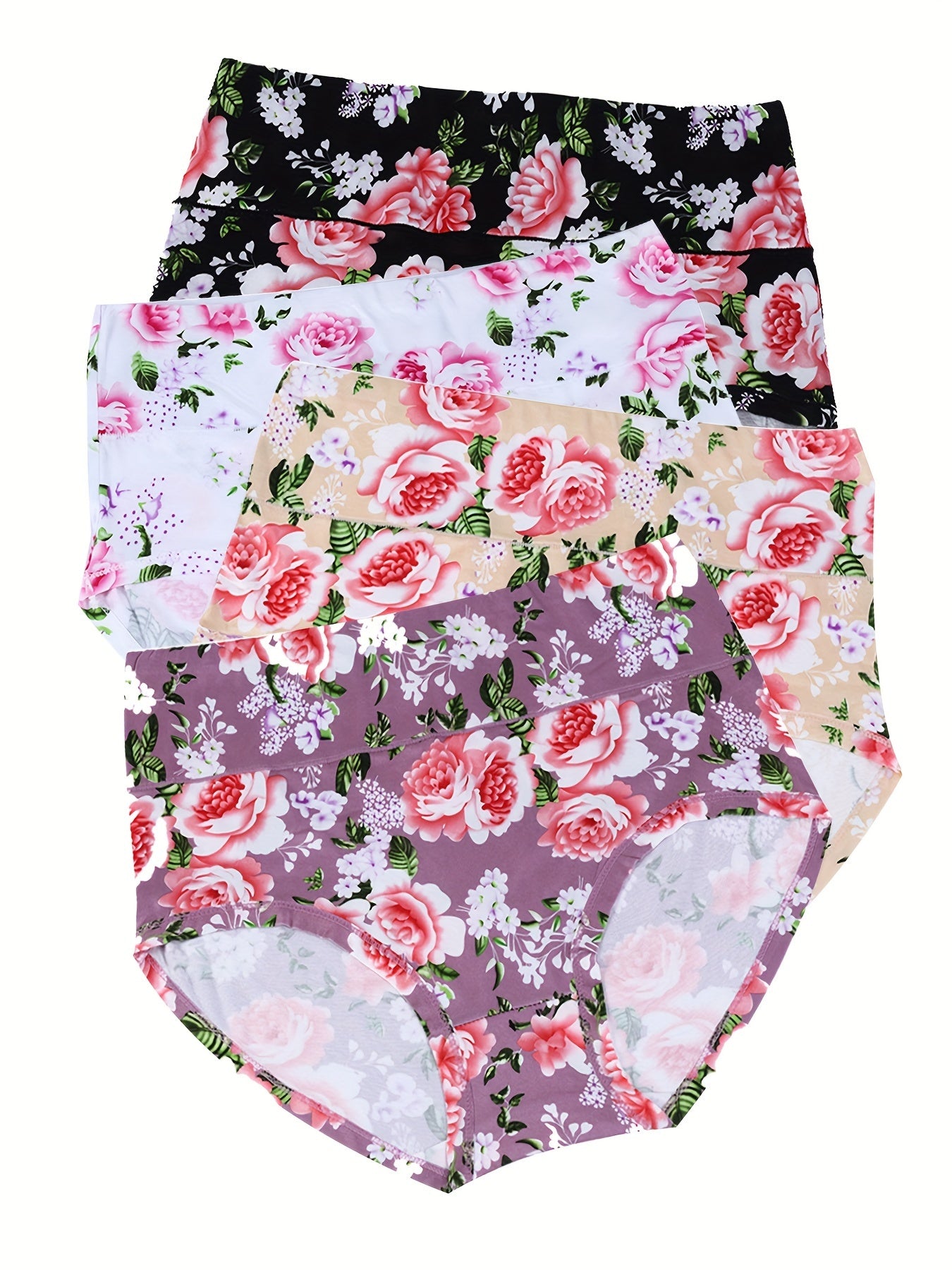 Women's Plus Floral Print High Waisted Soft Panties 4pcs Set