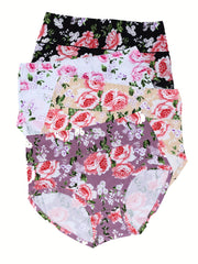 Women's Plus Floral Print High Waisted Soft Panties 4pcs Set