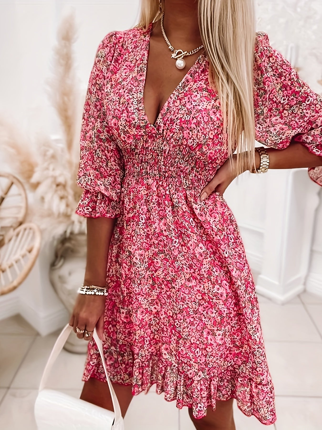 Women's Plus Floral Lantern Sleeve V Neck Shirred Waist Mini Dress