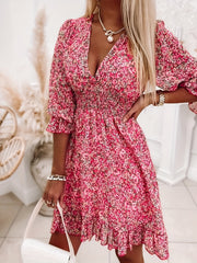 Women's Plus Floral Lantern Sleeve V Neck Shirred Waist Mini Dress
