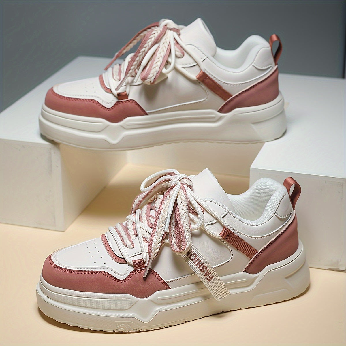 Women's Block Faux Leather Chunky Sneakers for Outdoor Sports