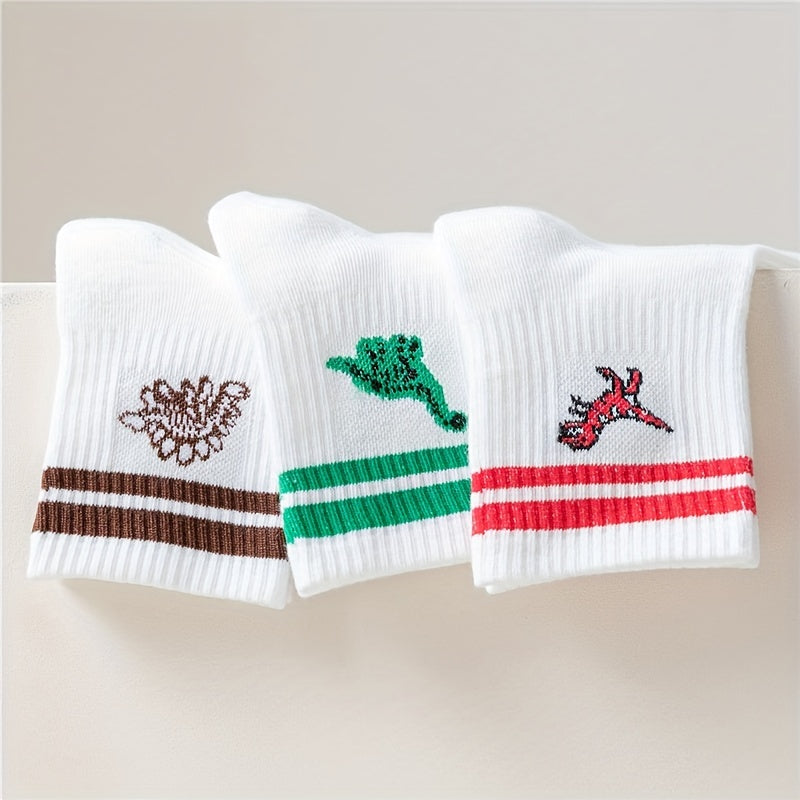 5 Pairs Striped Dino Ribbed Socks Breathable Mid Tube Women's Hosiery