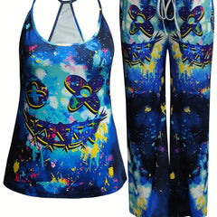 Gothic Halloween Outfit Set Women's Skull Print Cami Top & Tie Pants