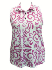 Floral Print Polo Neck Plus Size Sports Top