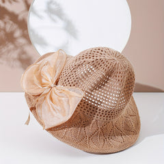 Khaki Hollow Out Sun Hat Ribbon Bowknot Summer Bucket Hat