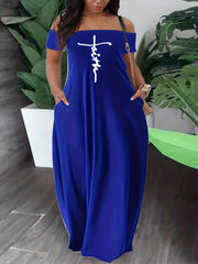 Women's Plus Cross Letter Print Off Shoulder Maxi Dress