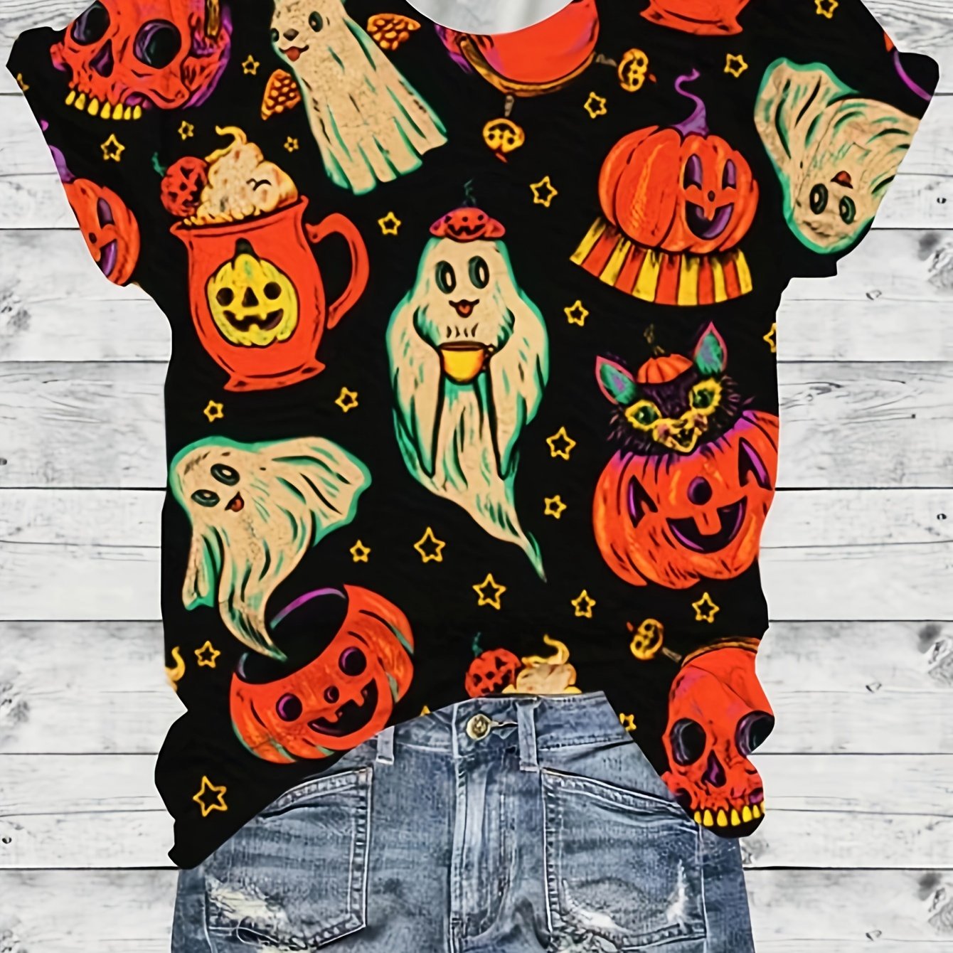 Halloween Blouse Women's Plus Pumpkin & Ghost Print Short Sleeve Top