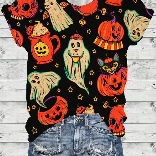 Halloween Blouse Women's Plus Pumpkin & Ghost Print Short Sleeve Top