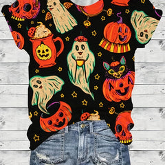 Halloween Blouse Women's Plus Pumpkin & Ghost Print Short Sleeve Top