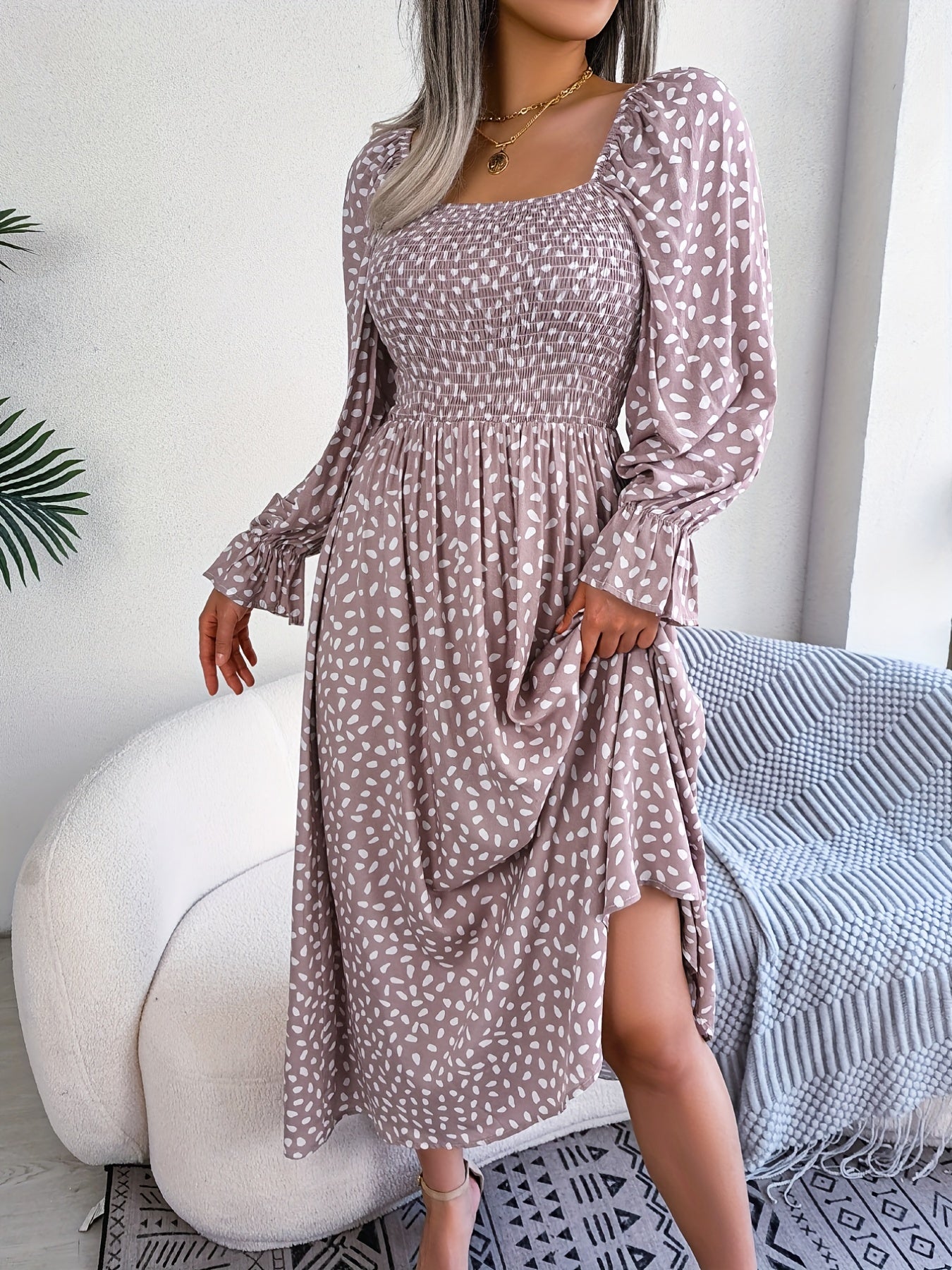 Floral Print Squared Neck Maxi Dress Puff Sleeve Slim Waist Ruched
