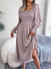 Floral Print Squared Neck Maxi Dress Puff Sleeve Slim Waist Ruched