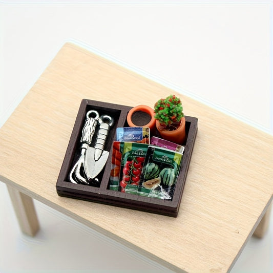 10pcs Miniature House Gardening Set Wooden Box Shovel Resin Plants Seed Packets