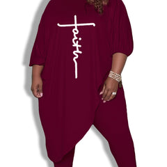 Women's Plus Letter Print Top & Pants 2pcs Outfits Set