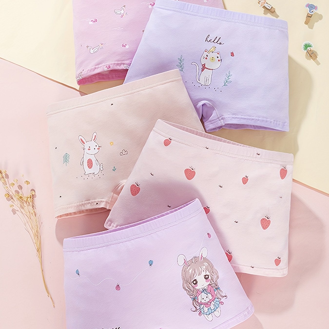 5pcs Girls Cartoon Print Boxer Briefs Underwear