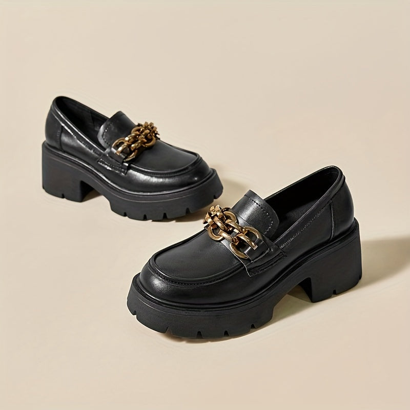 Chain Decor Chunky Heel Loafers Closed Toe Slip On Shoes Women's Walking Shoes