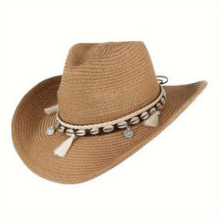 Breathable Sunshade Cowboy Hat with Seashells & Tassel Belts