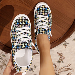 Women's Colored Houndstooth Canvas Shoes Lace Up Flat Sneakers