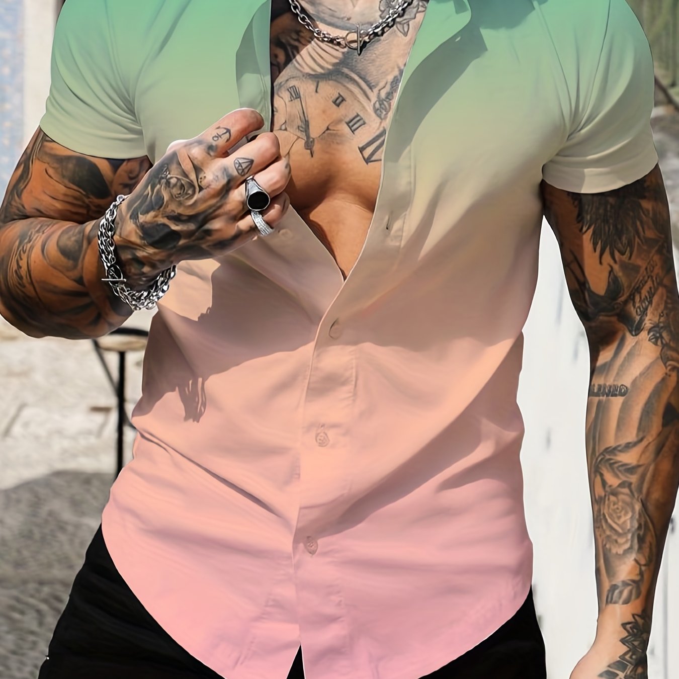 Summer Gradient Men's Casual Lapel Shirt