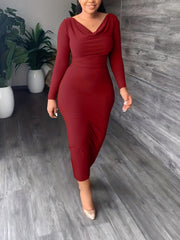 Solid Long Sleeve Cowl Neck Maxi Dress