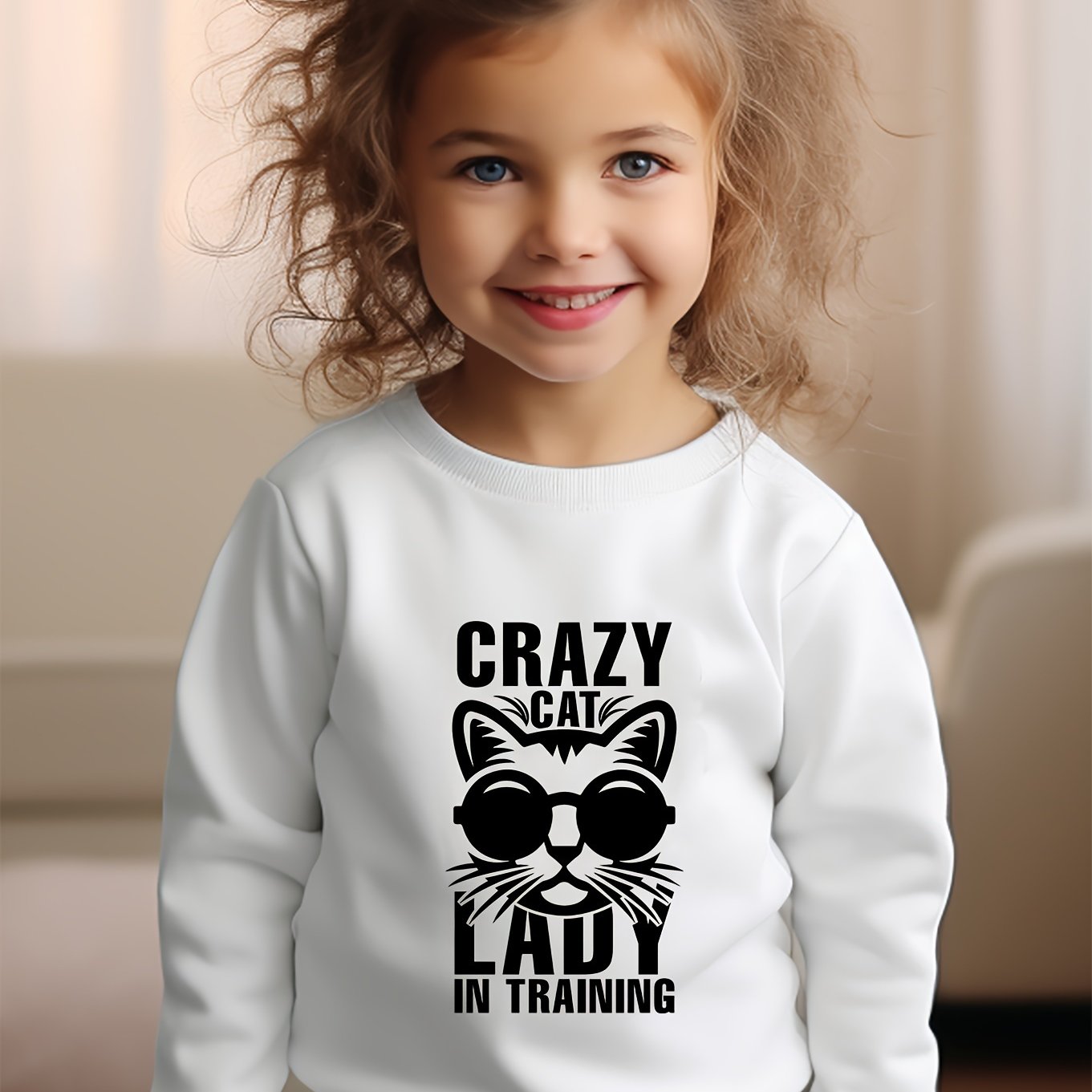 Girls Cat Pattern Crew Neck Sweatshirt Spring Fall Christmas Gift